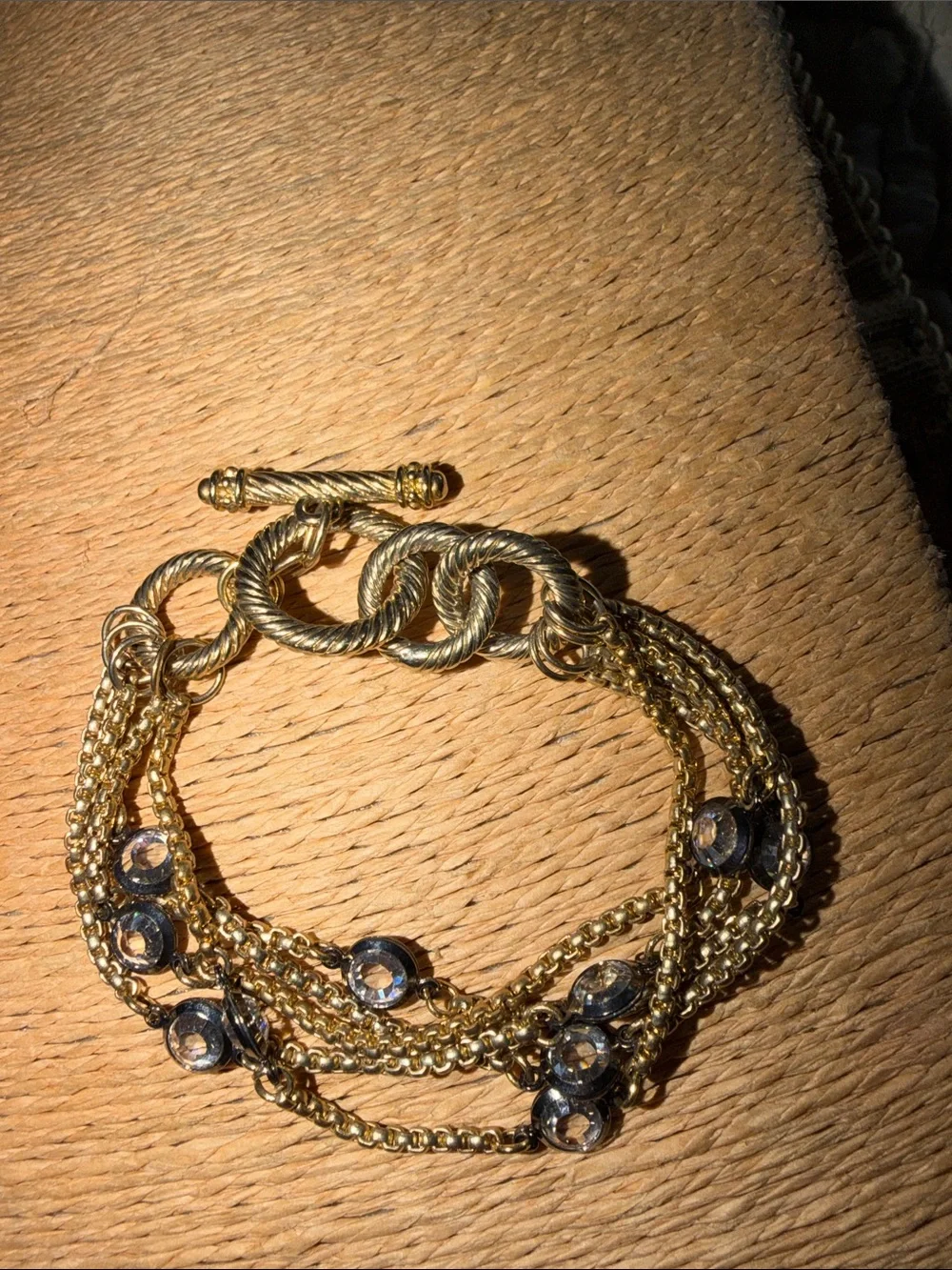 Bracelet toggle clasp smoky  crystal five strands gold tone